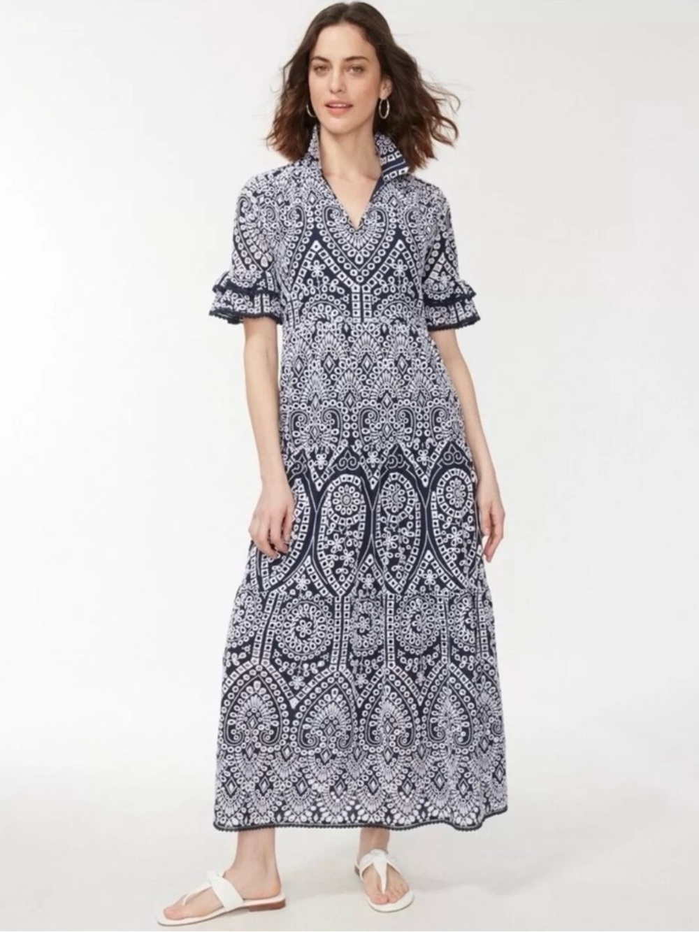 Chicos Women's Navy and White Eyelet Maxi Dress